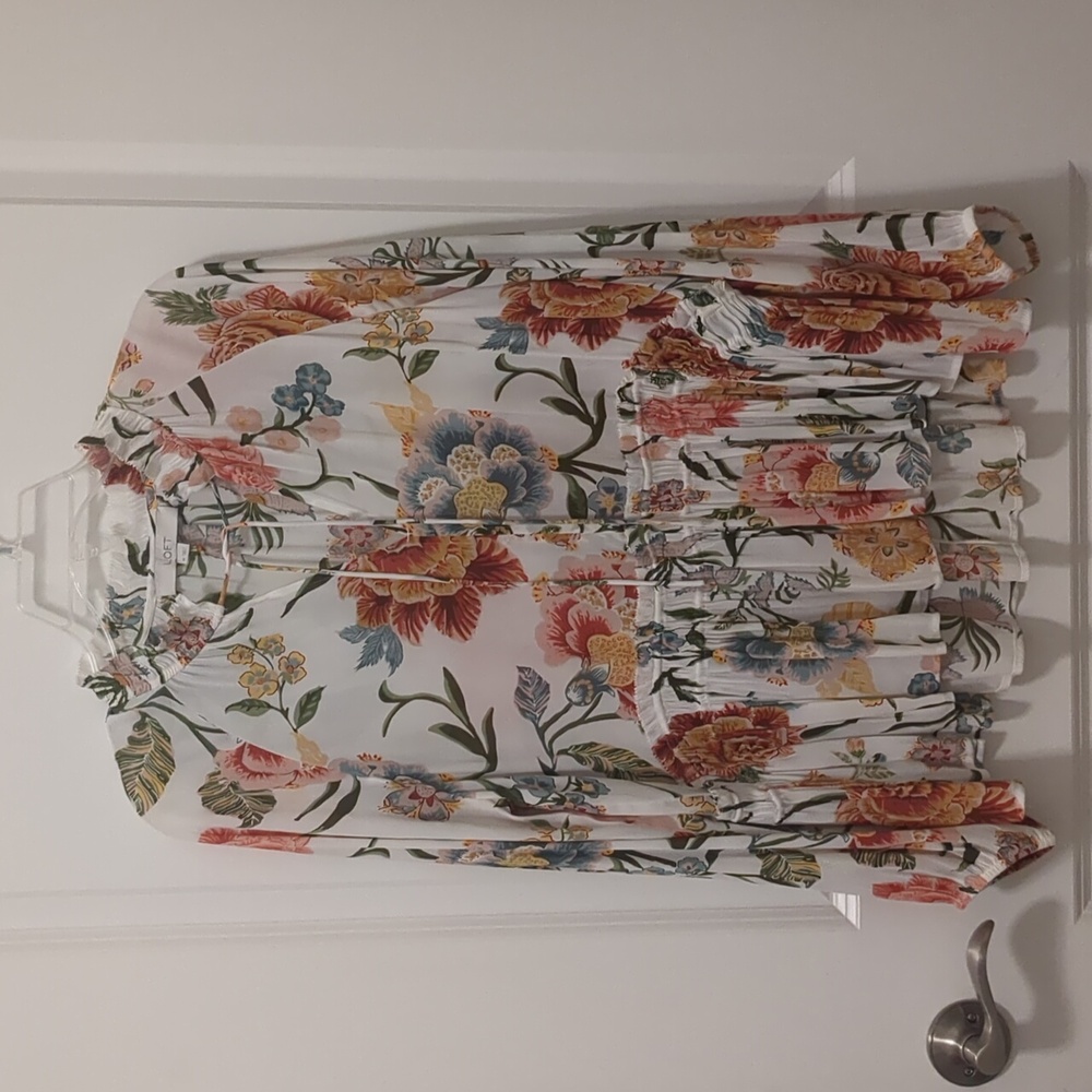 LOFT -  Poppy Bloom Smocked Tie Neck Blouse